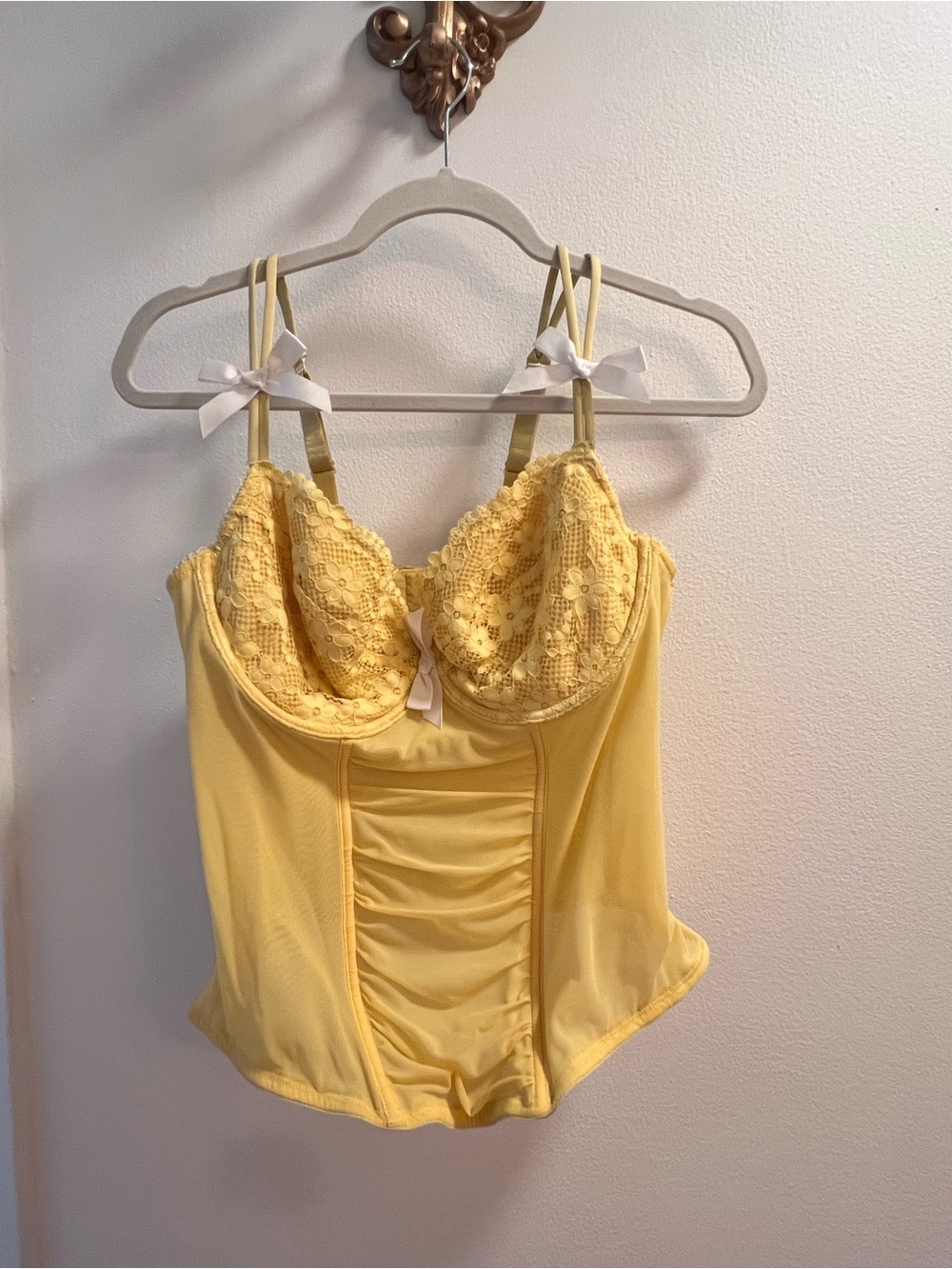Cacique Yellow Lace Chemise with Ribbon Accents